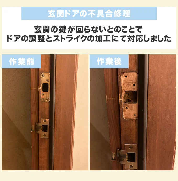 鍵が回らなくなった玄関ドアの不具合修理