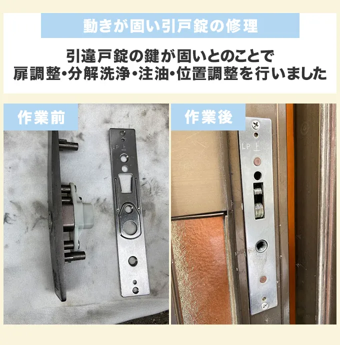 動きが固くなった玄関引違戸錠の修理