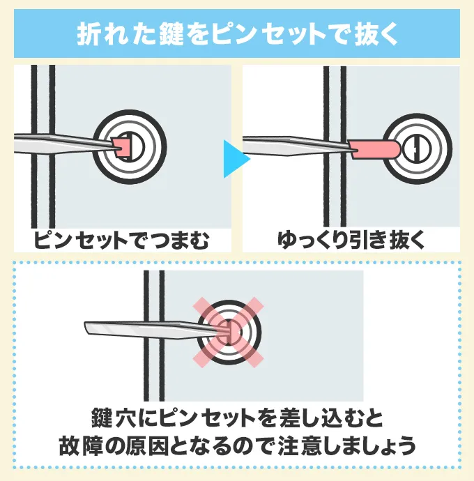 折れた鍵をピンセットで抜く