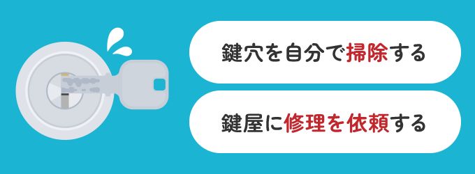 鍵が入らない場合の対処法は、鍵穴の掃除か鍵屋への修理依頼です。