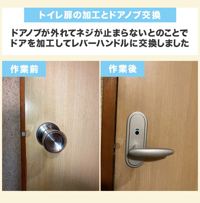 トイレ扉の加工とドアノブ交換