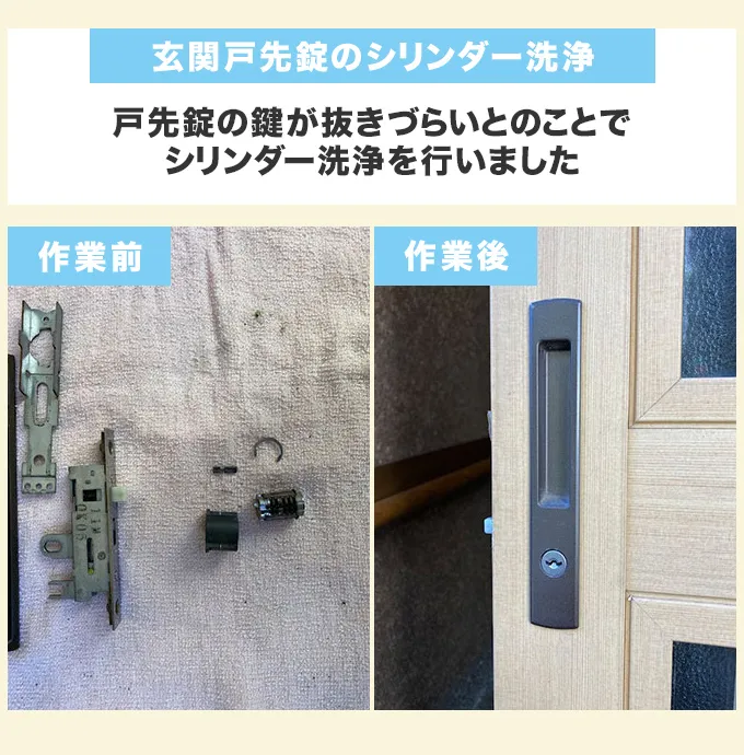 玄関引き戸戸先錠のシリンダー洗浄